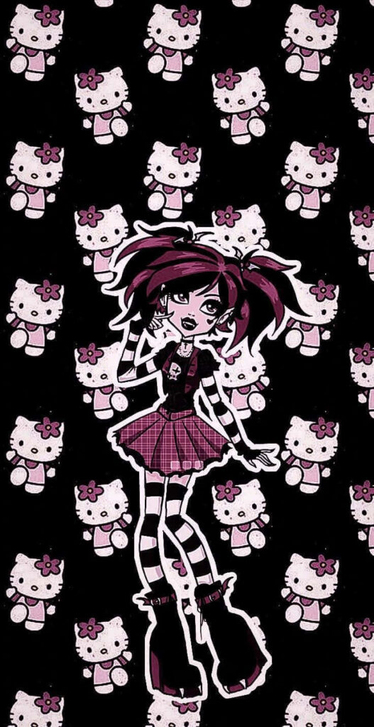 Punk-Rock Gothic Character Art with Hello Kitty Background Wallpaper