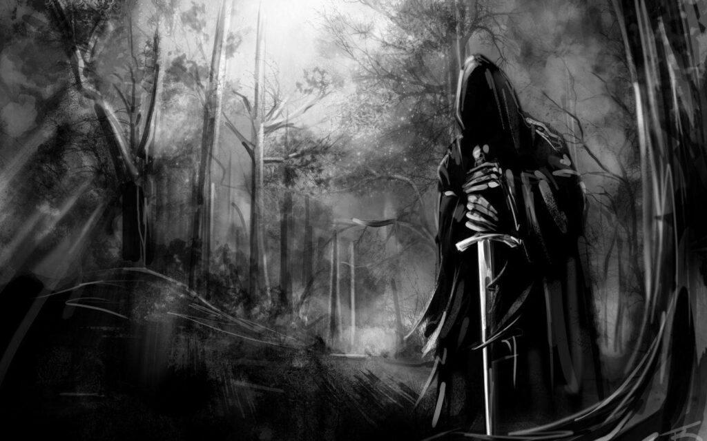 Grim Reaper's Conquest: A Gothic Forest Adventure Wallpaper