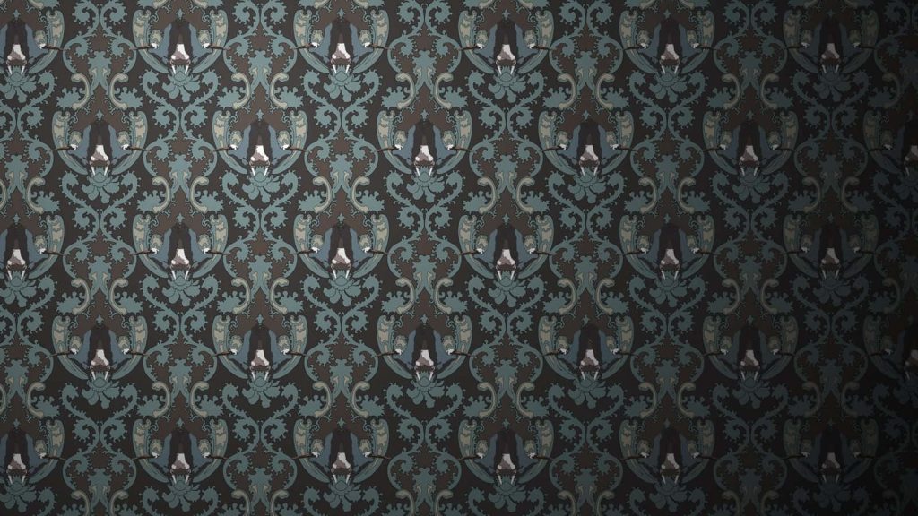 Gothic Victorian wallpaper ornate damask pattern with hidden upside-down bats teal charcoal design