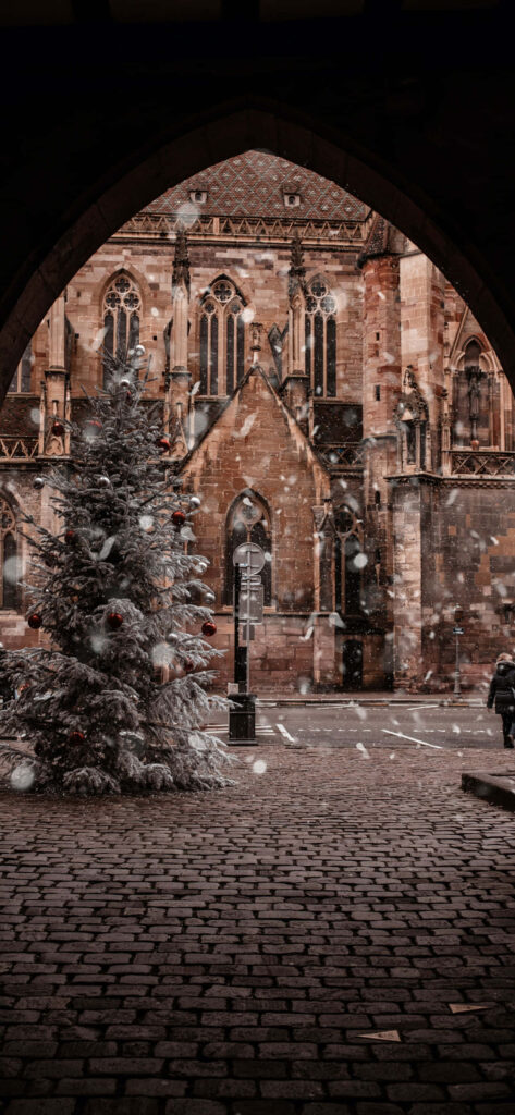 Gothic Christmas Wallpaper: Snowy Tree & Historic Building Scene