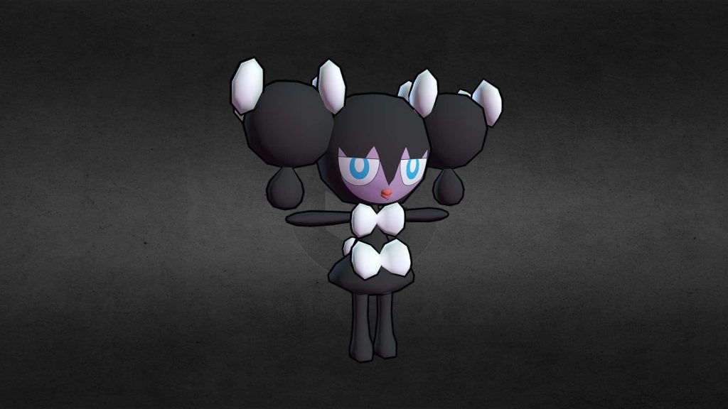 3D digital model of Pokémon Gothorita in T-pose with black dress and blue eyes on grey background Wallpaper