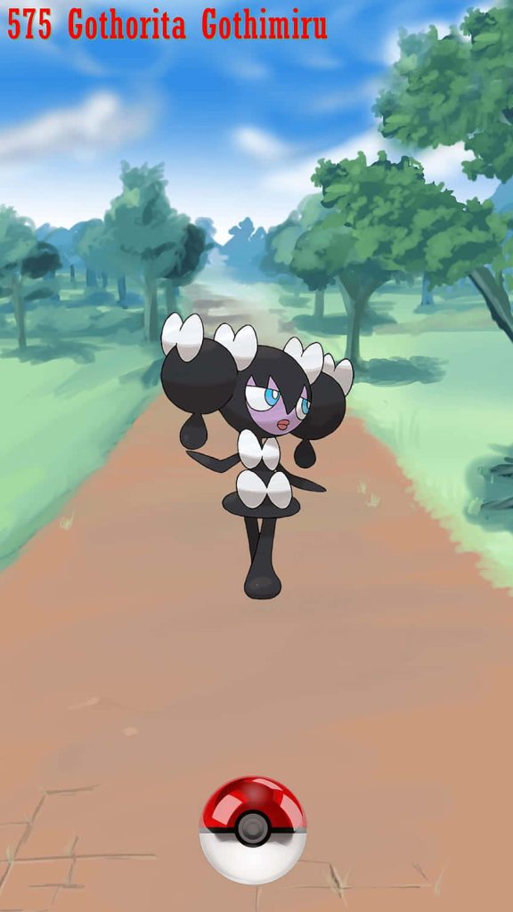 Psychic-type Pokémon Gothorita floating in green forest with Poké Ball and label background Wallpaper