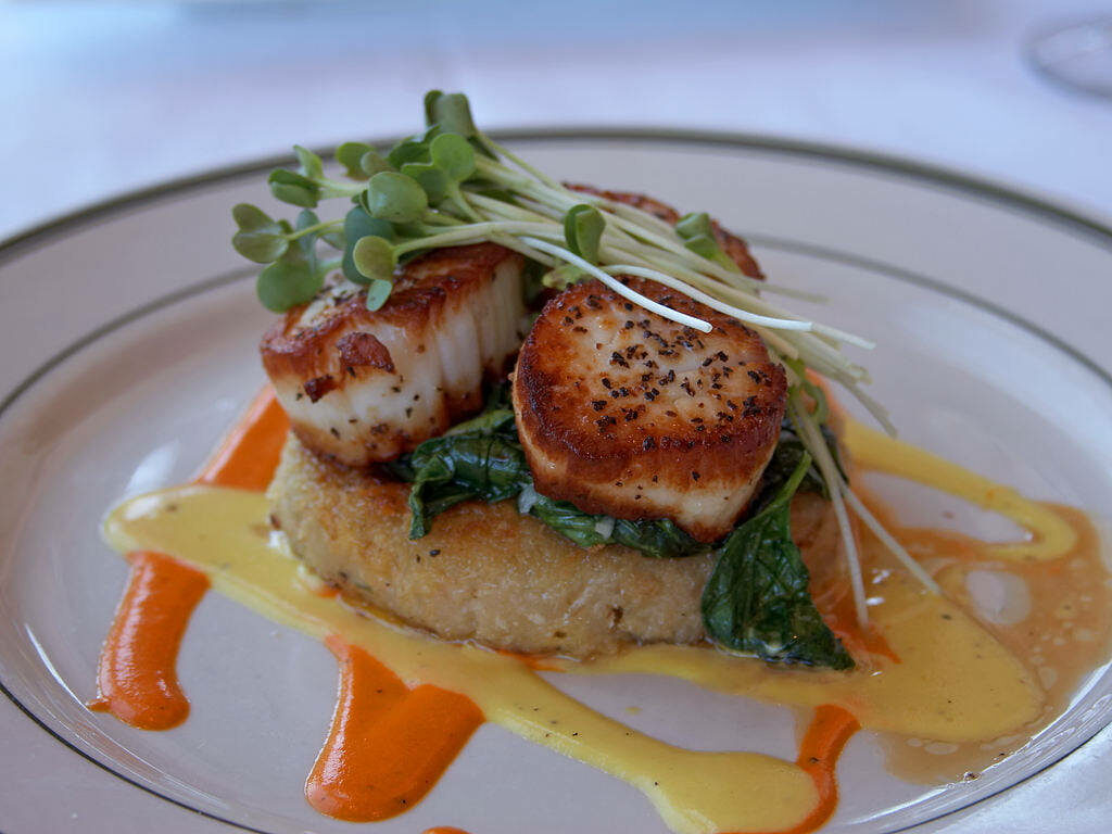 Elegant Scallops on Rice: Gourmet Wallpaper Background Design