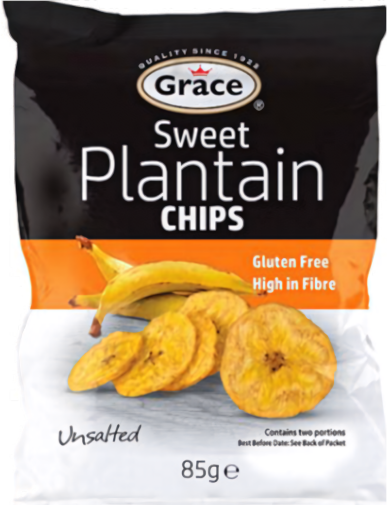 Grace Sweet Plantain Chips Packaging: Gluten-Free, High Fiber Snack Wallpaper