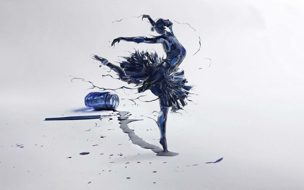 Graceful ballet dancer formed from swirling blue ink on minimalist white background wallpaper