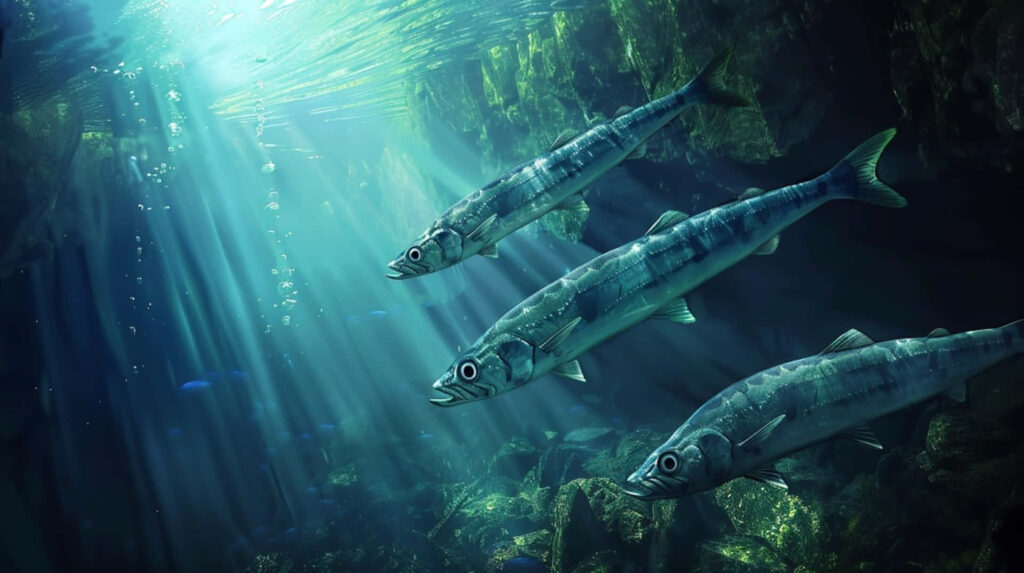 Three sleek barracudas swim through crystal clear underwater light rays near rocky formations Wallpaper