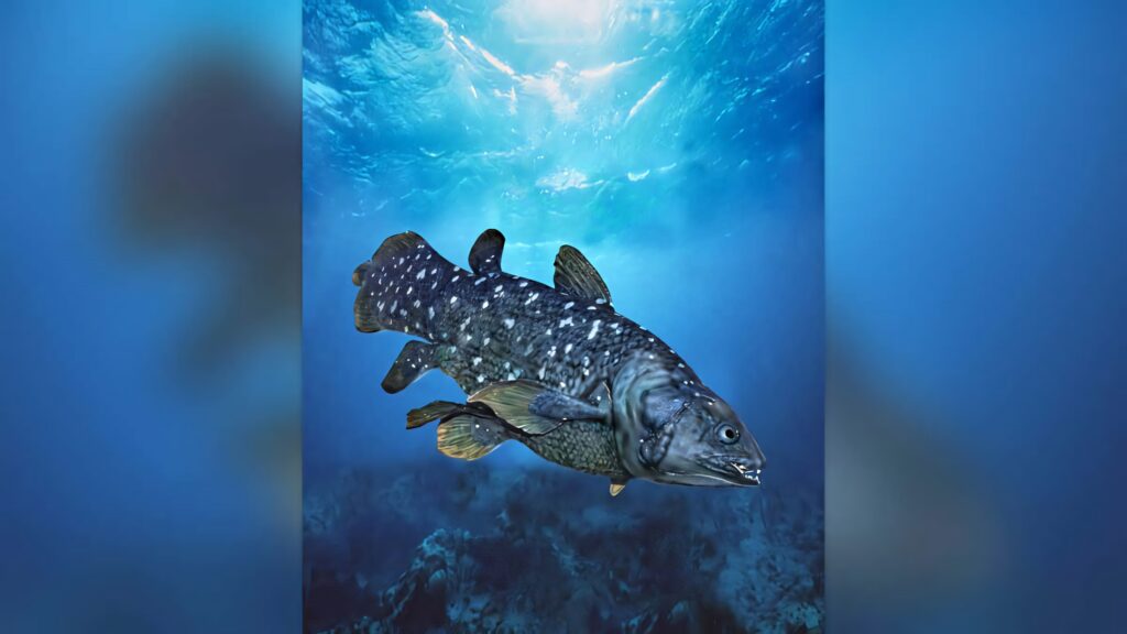 Coelacanth fish swimming in deep blue ocean with sunlight highlighting textured scales wallpaper