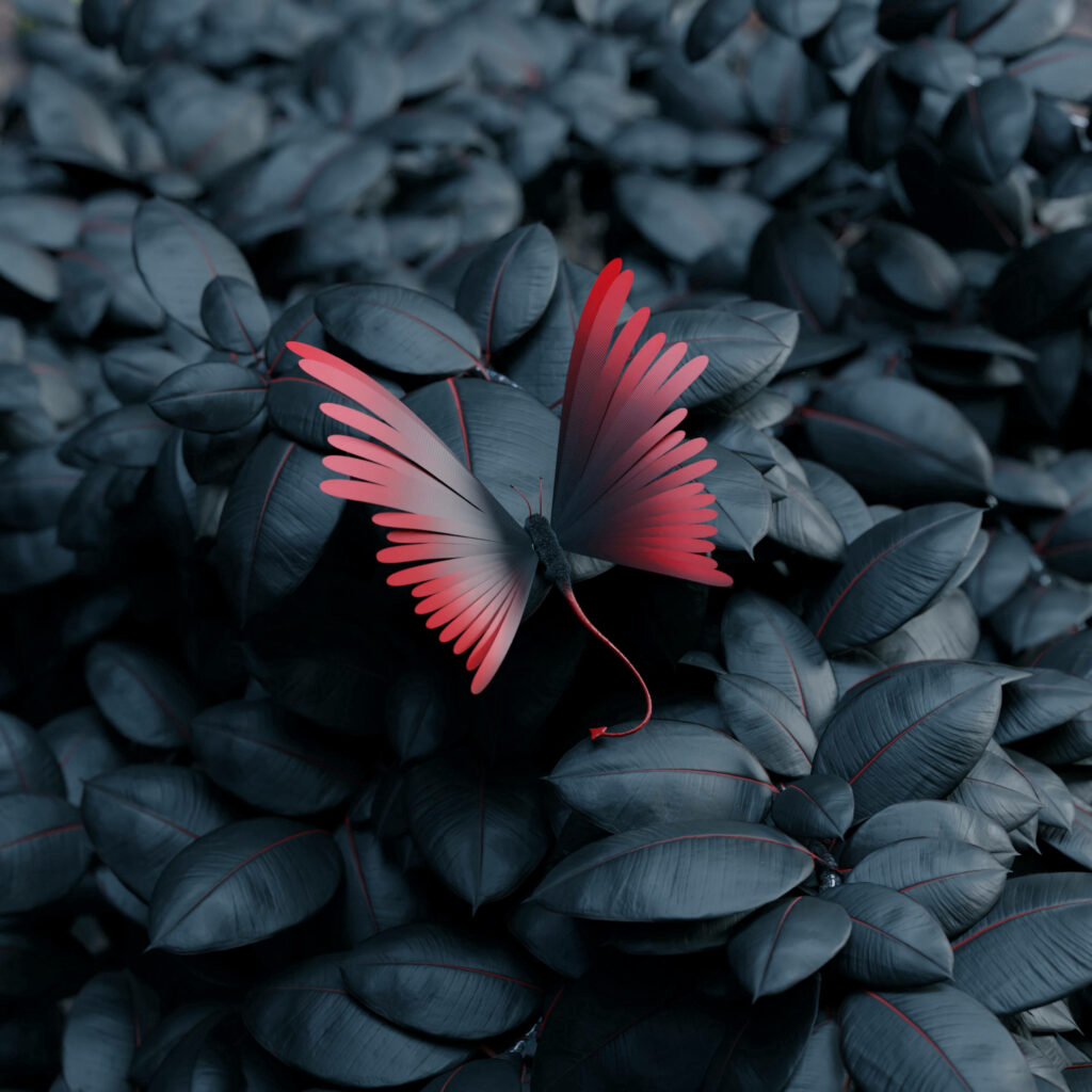 The Elegant Symmetry: Majestic Red-winged Butterfly on Ebony Leaf Canopy - Finest 3D HD Background Capture Wallpaper