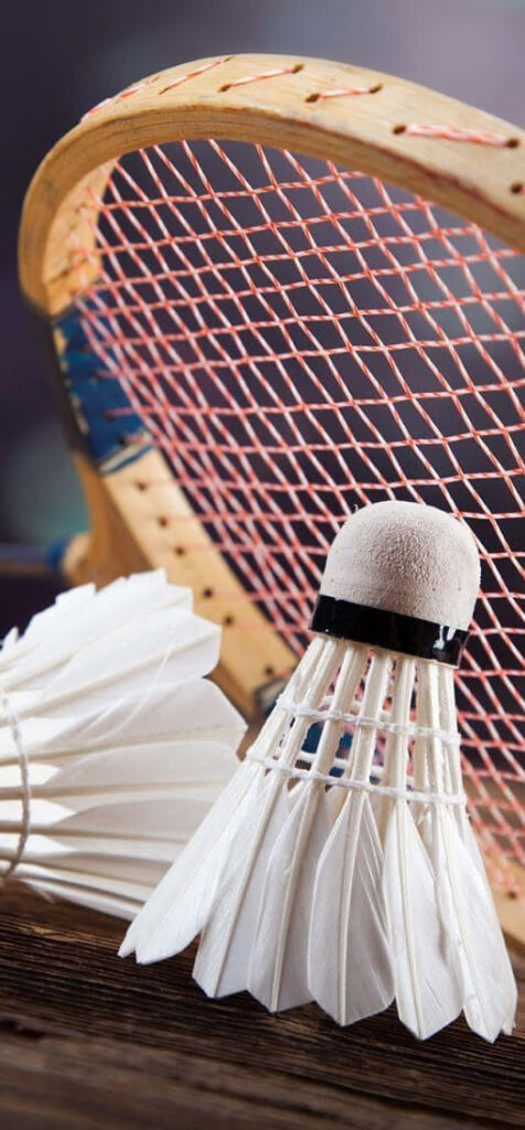 Aesthetic Harmony: Evoking Badminton's Grace with Shuttlecock and Wooden Racket on Wooden Surface Wallpaper