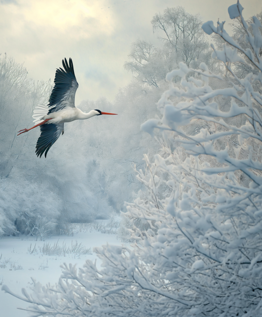 Elegant White Stork Soaring in Serene Winter Landscape Wallpaper