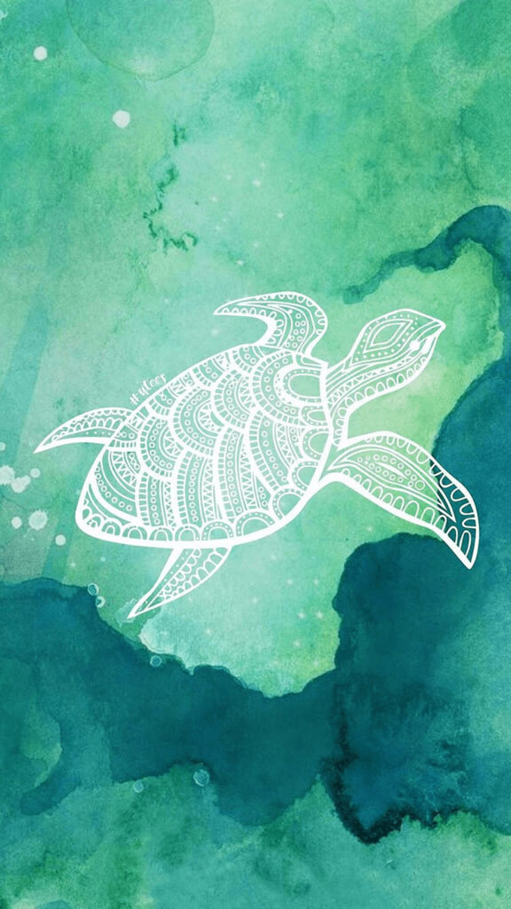 White turtle illustration with intricate patterns on watercolor green and blue ocean background Wallpaper