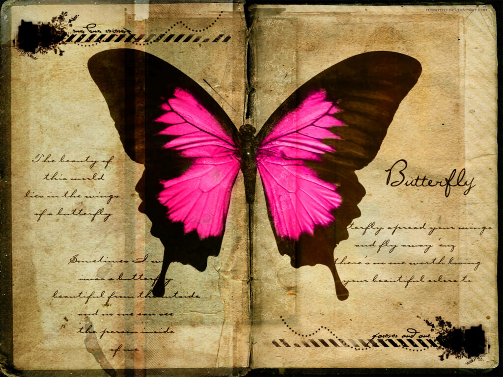Pink Butterfly: Captivating Artwork Posing Gracefully on A Vintage Book Wallpaper