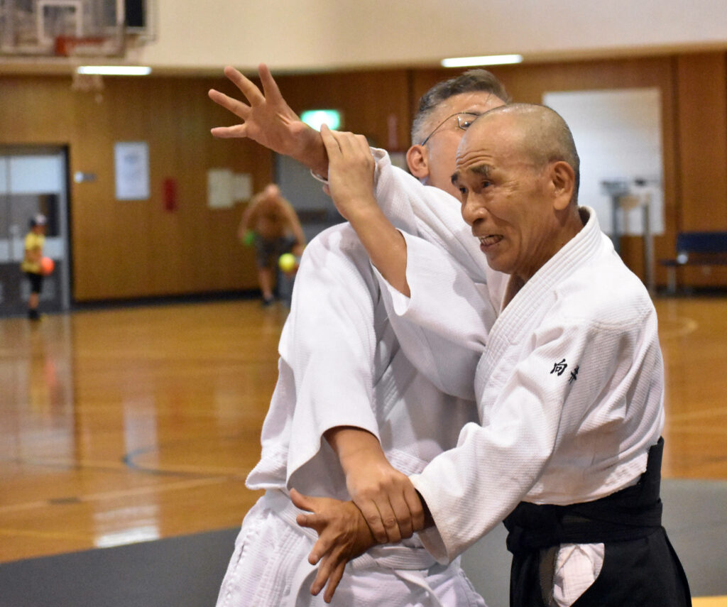 Precision Aikido Technique: Skilled Sensei in Dojo Wallpaper Background