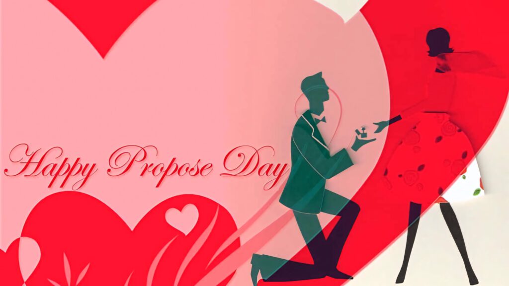 Romantic Propose Day wallpaper man on knee offering ring to woman red pink heart art style