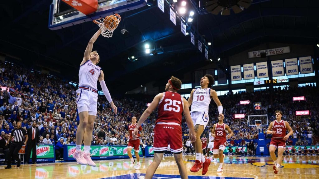 Gradey Dick Kansas Jayhawks dunking basketball packed arena intense college game wallpaper