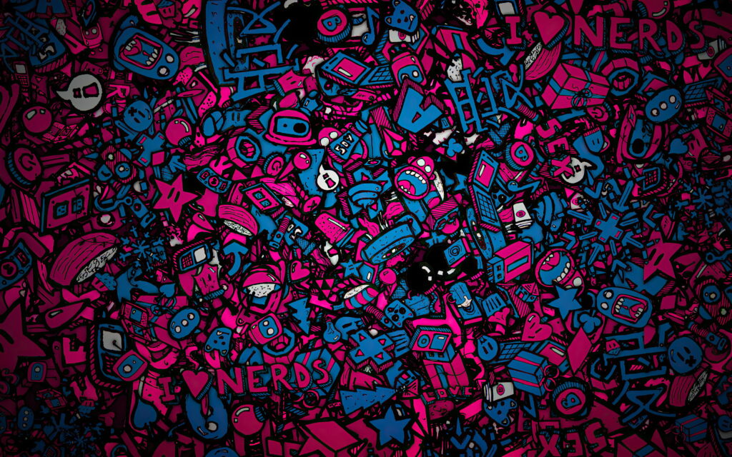 Vibrant digital graffiti wallpaper with neon pink blue doodles and I love nerds text design