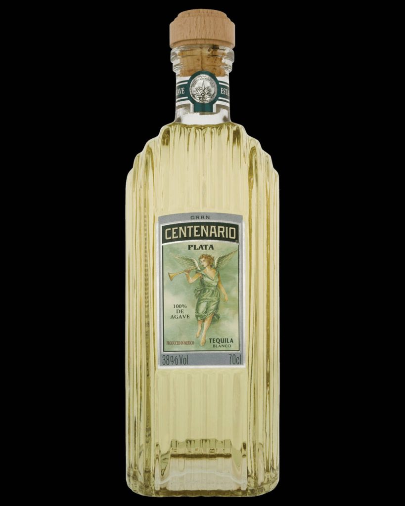 Gran Centenario Plata Tequila sleek ribbed bottle with cork on minimalist black background wallpaper