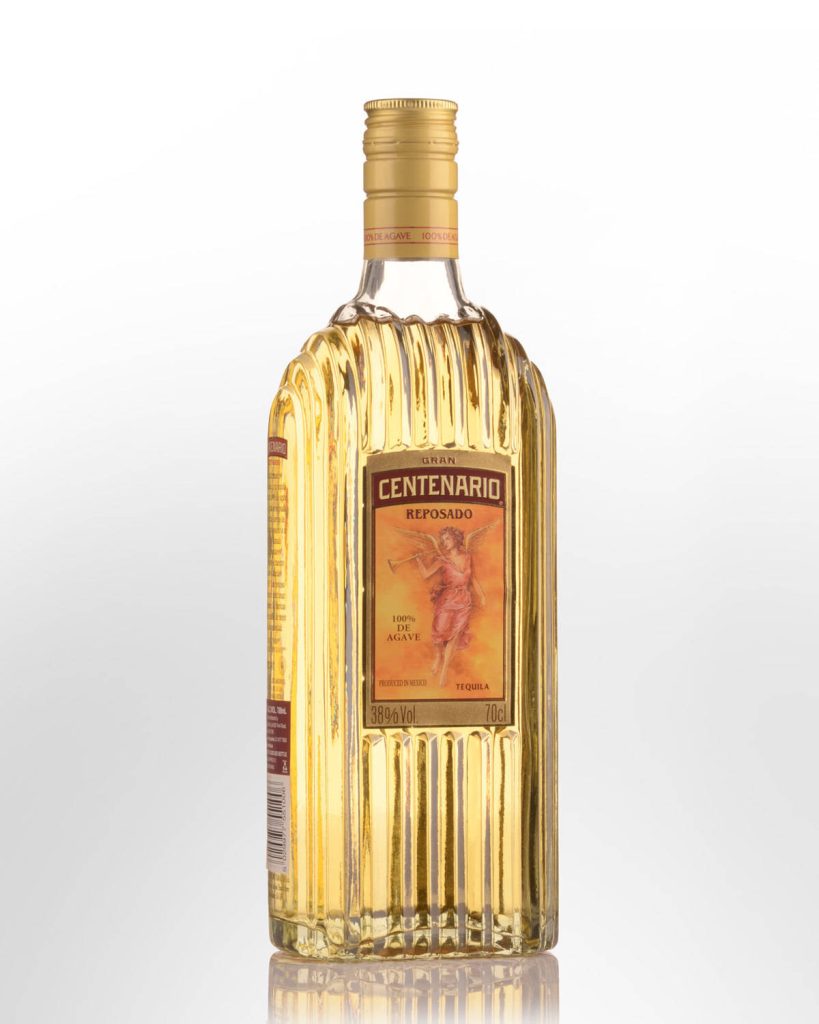 Gran Centenario Reposado Tequila bottle with angel label on minimalist white studio wallpaper