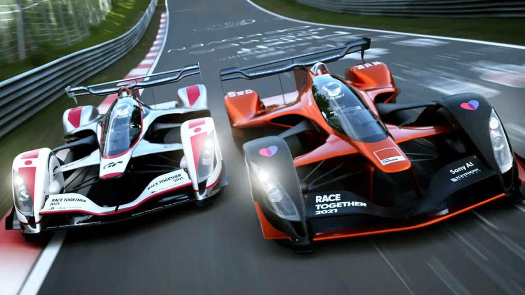 Gran Turismo Sophy high-speed motorsport racing on pro track showcasing Sony AI technology wallpaper