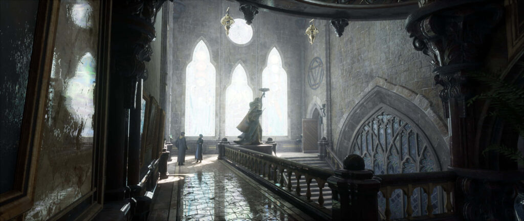 Grand Staircase Hall Hogwarts Legacy gothic architecture grand windows majestic statue wallpaper