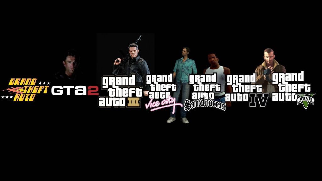 Grand Theft Auto wallpaper featuring Claude Tommy Vercetti CJ Niko Bellic and GTA logos on dark background