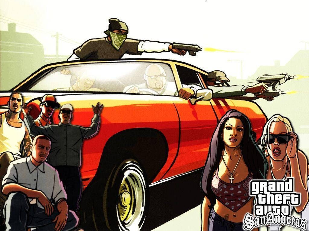 Grand Theft Auto San Andreas CJ and crew driving red muscle car cel-shaded wallpaper background