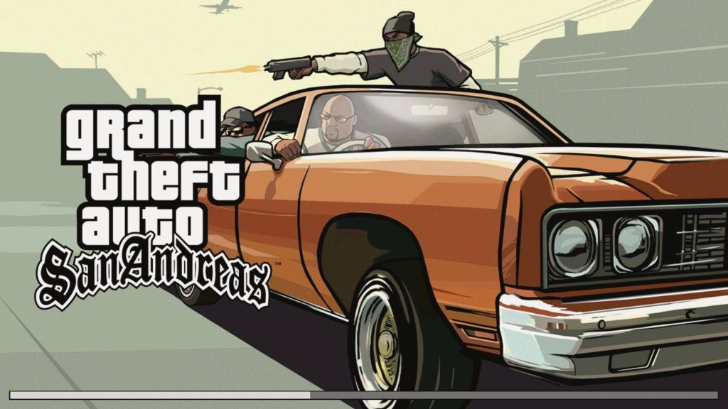 Grand Theft Auto San Andreas loading screen Sweet Johnson driving muscle car with gang pistol shot Wallpaper