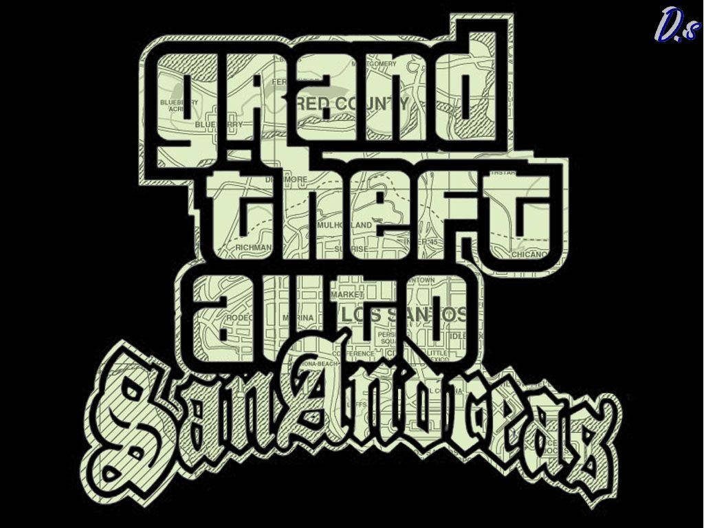 Grand Theft Auto San Andreas logo with map texture on black minimalist wallpaper background