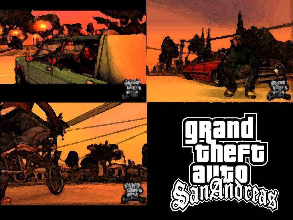 GTA San Andreas wallpaper with iconic cars street scenes and sunset stylized gaming art background