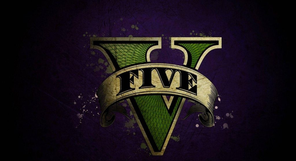 GTA 5 logo wallpaper with textured green Roman numeral V on dark purple grunge background