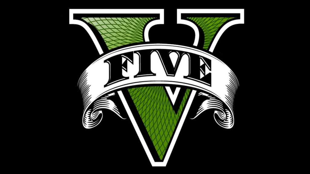 Grand Theft Auto V logo wallpaper with green patterned V and white FIVE banner on black background