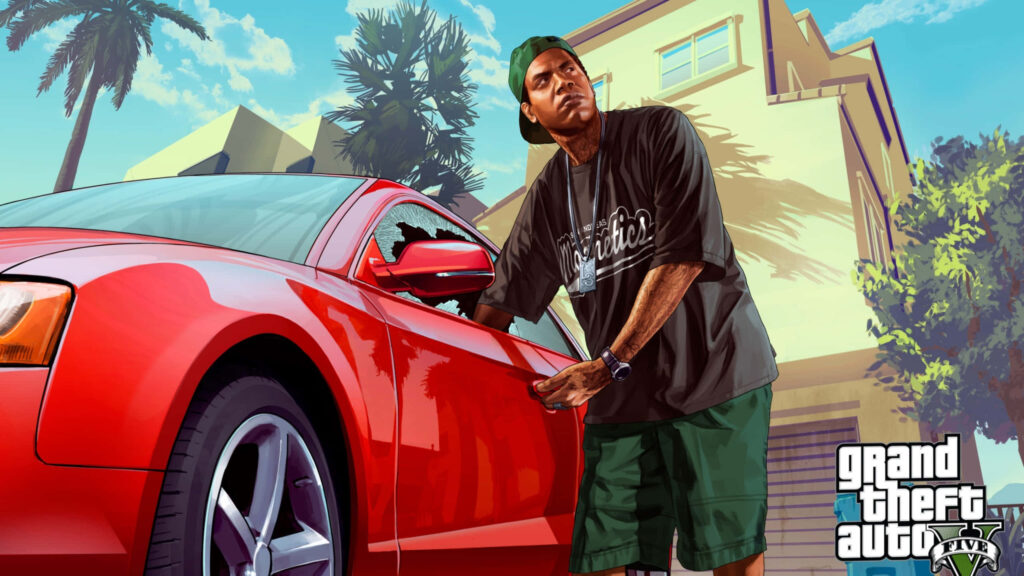 Franklin's High-Stakes Auto Heist: A Stunning GTA 5 Wallpaper Set in a Vibrant Cityscape