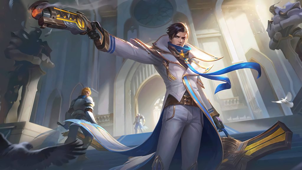 Granger Lightborn Overrider Mobile Legends wallpaper hero in white blue coat in glowing cathedral
