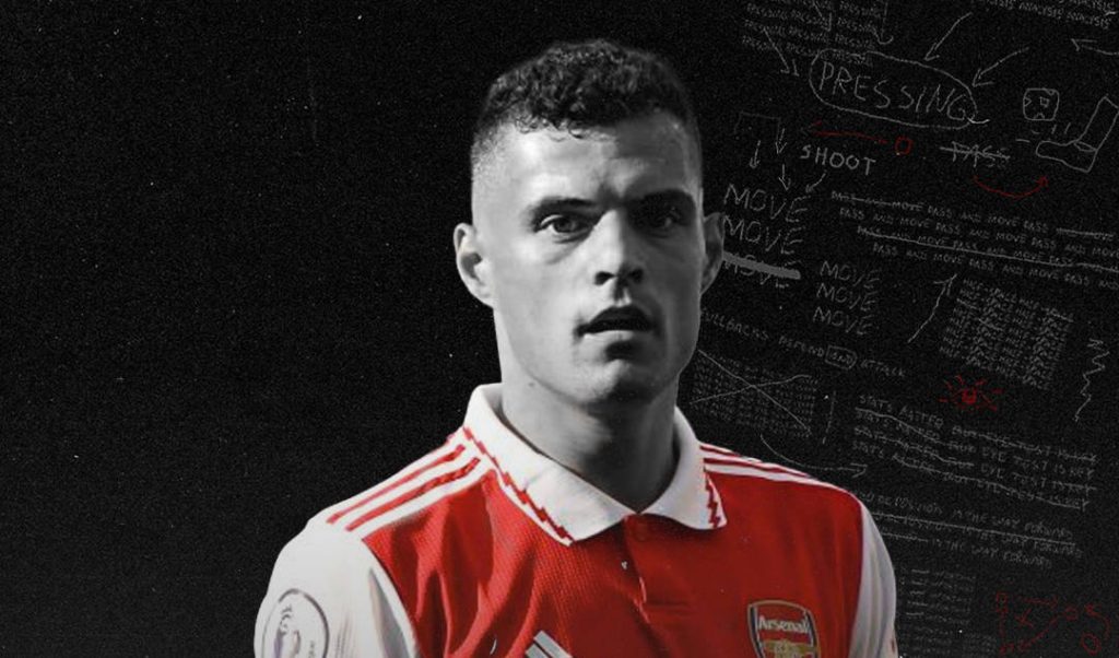 Granit Xhaka Arsenal midfielder in red kit with tactical football analysis dark background Wallpaper