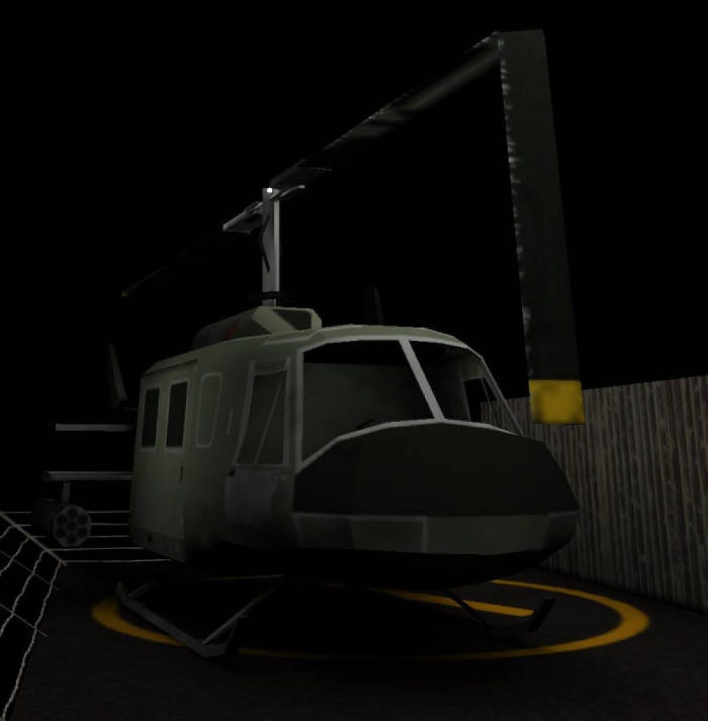 Low-poly 3D Granny horror game helicopter on dark landing pad with yellow marker wallpaper background