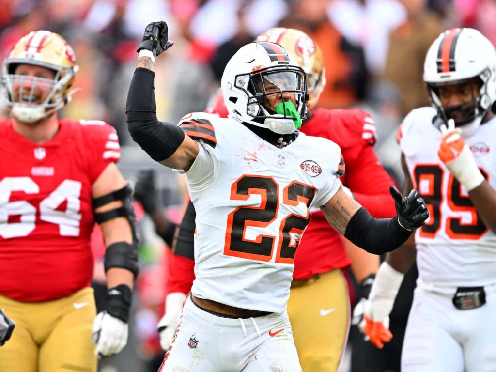 Grant Delpit Cleveland Browns safety celebrates intensely in white jersey number 22 vs 49ers Wallpaper
