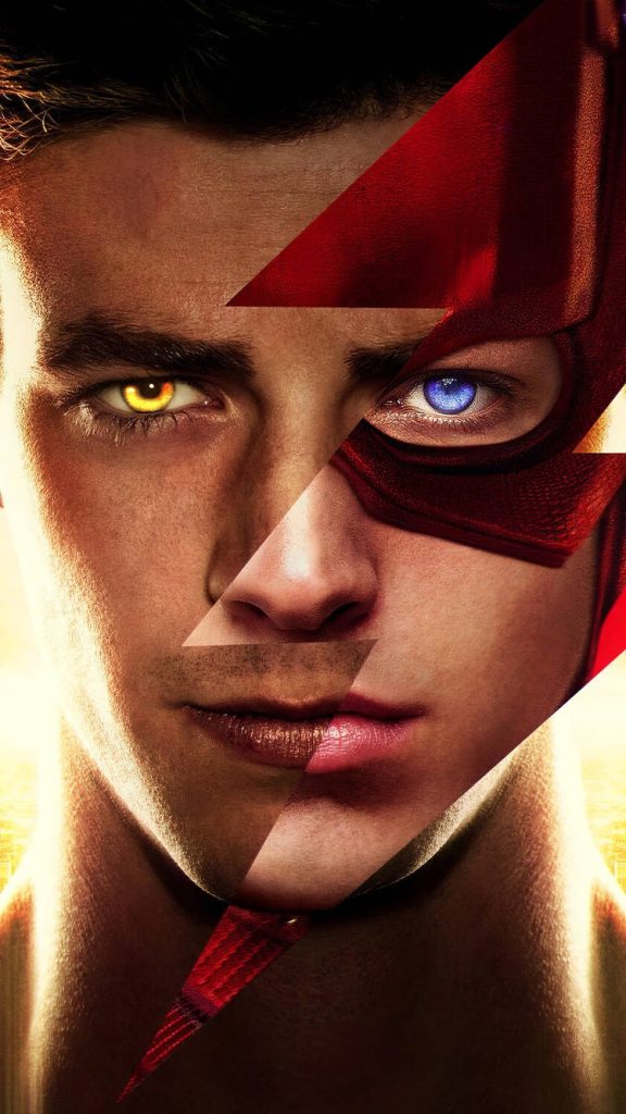 Split-face portrait of Grant Gustin as Barry Allen and The Flash with vibrant red and gold lighting Wallpaper