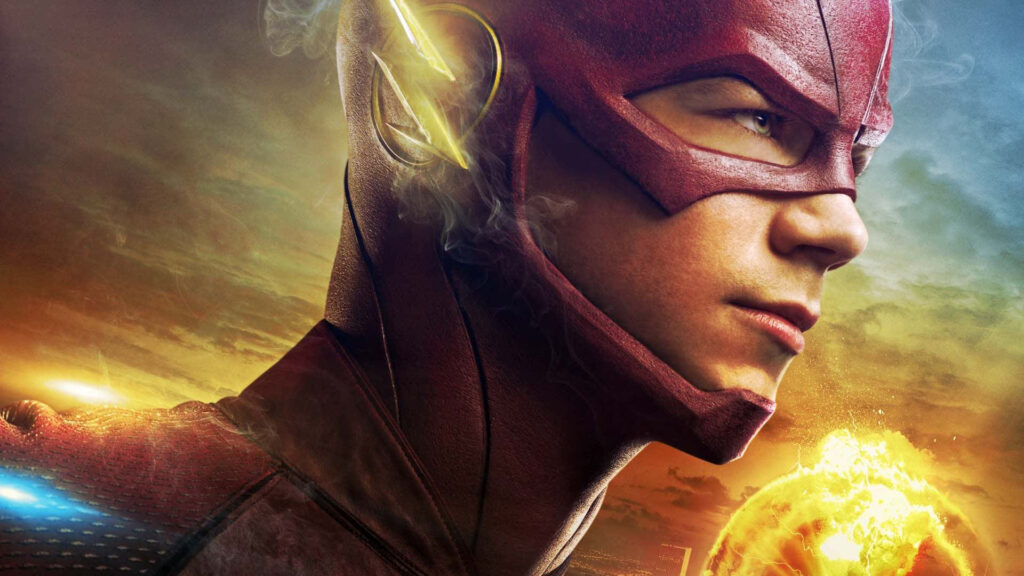 Grant Gustin as The Flash in red suit with lightning effects on fiery dramatic wallpaper background