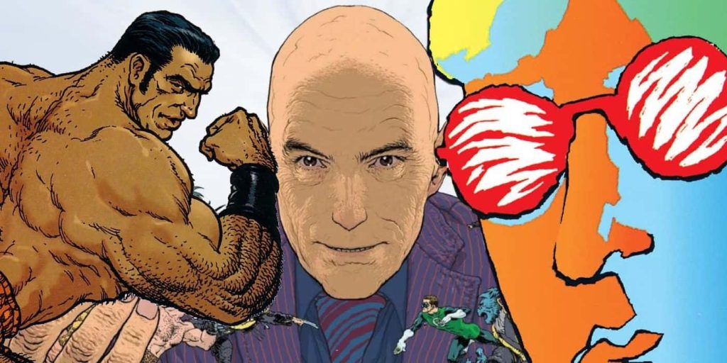 Grant Morrison comic collage wallpaper featuring superhero, Green Lantern, and vibrant illustrations background
