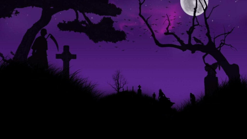 Eerie Serenity: Creepy Cemetery under a Mysterious Purple Sky – Halloween Computer Background Image Wallpaper