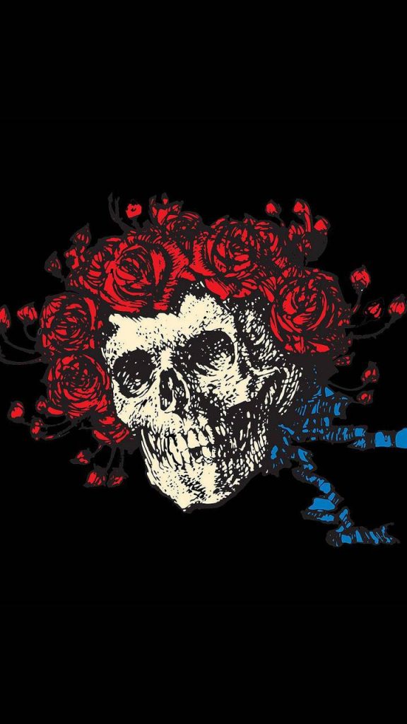 Grateful Dead Skull and Roses wallpaper with cream skull and vibrant red roses on black background