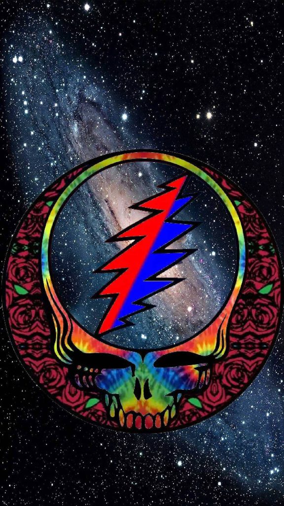 Grateful Dead Steal Your Face skull logo with psychedelic rose and cosmic galaxy wallpaper background