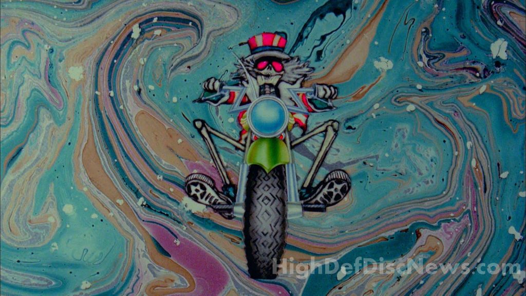 Grateful Dead US Blues Uncle Sam skeleton riding motorcycle on vibrant trippy marble background Wallpaper