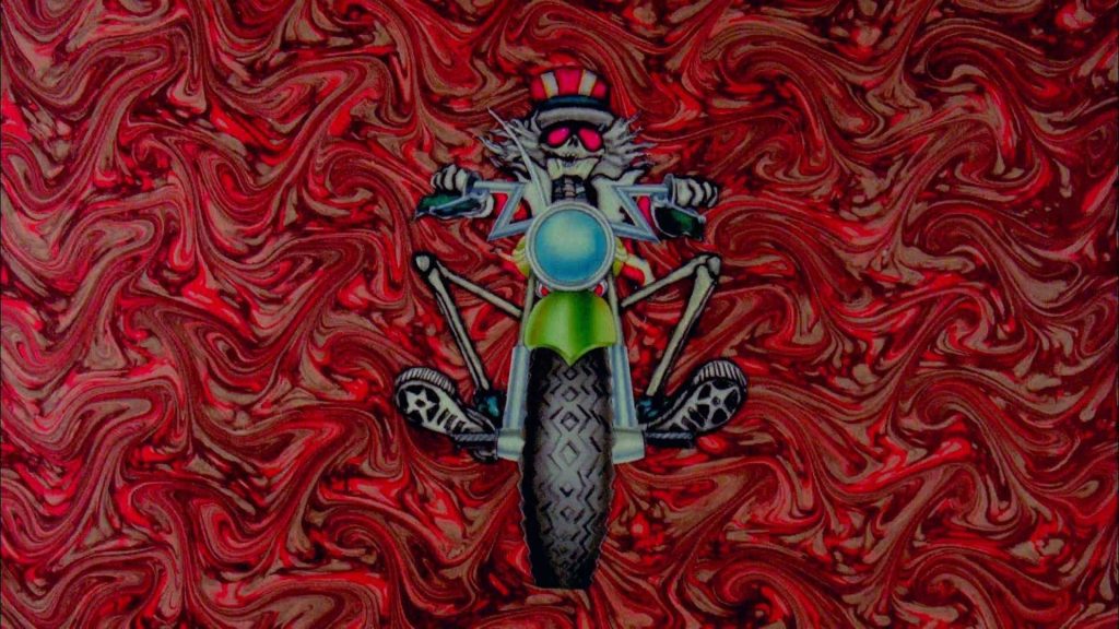Grateful Dead wallpaper with Uncle Sam skeleton on motorcycle deep red psychedelic background