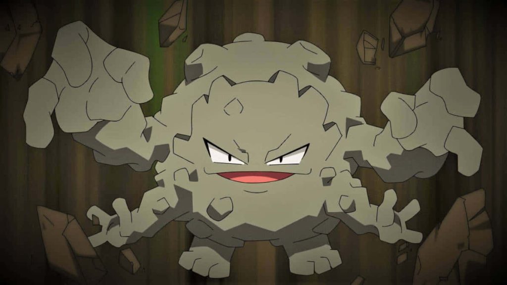 Graveler anime wallpaper showing mischievous smile dark cavern rocks floating debris background