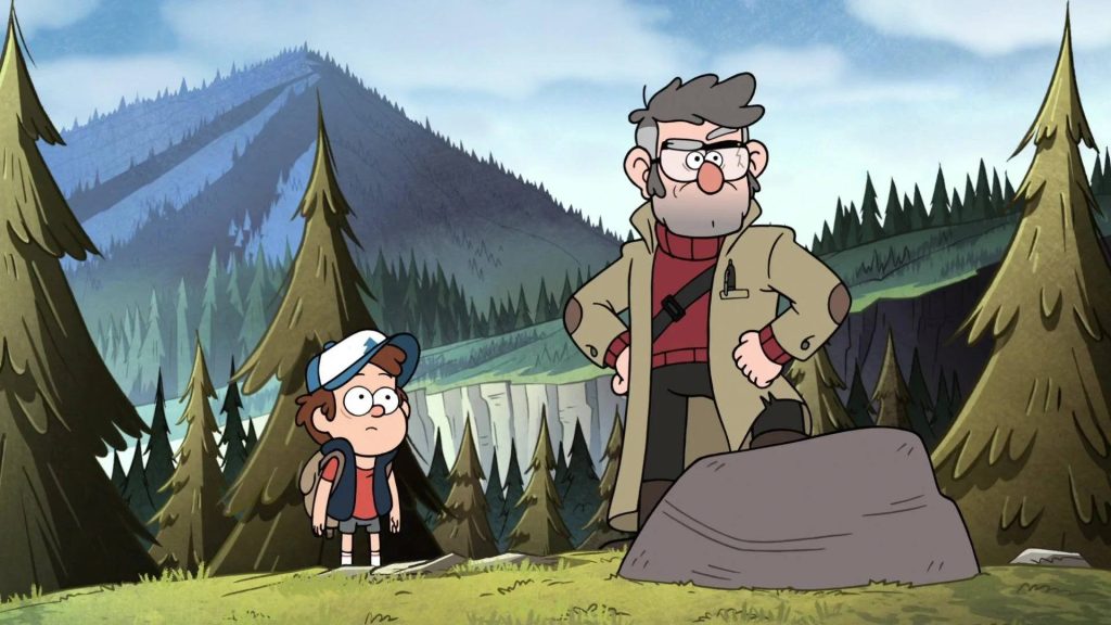 Dipper and Stanford Pines in vibrant Gravity Falls forest with scenic mountains cartoon wallpaper