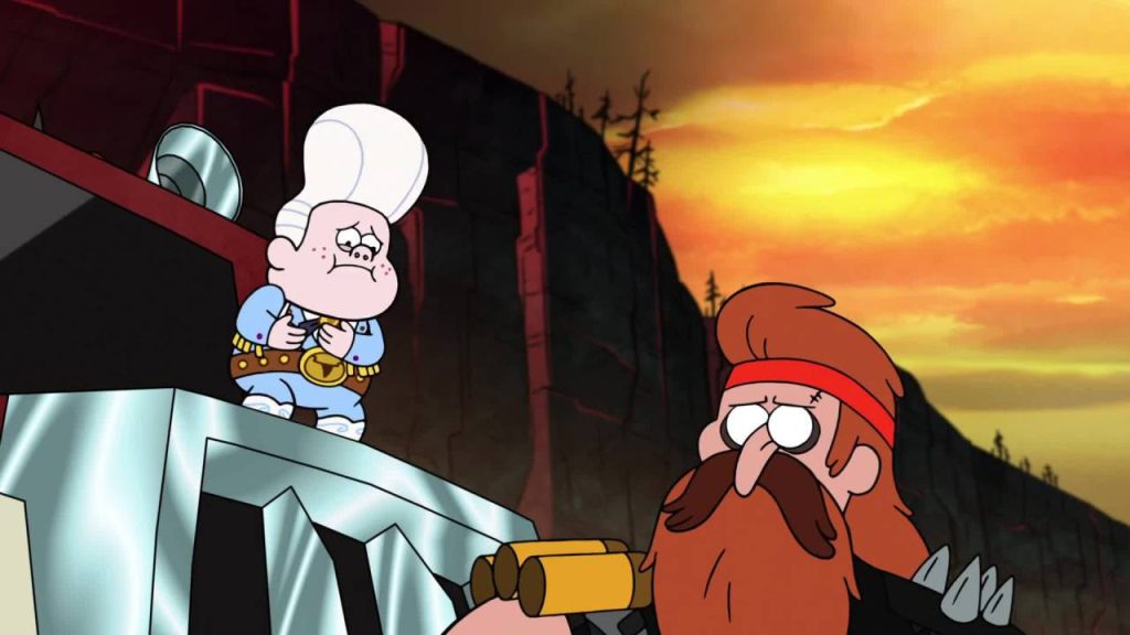 Gravity Falls wallpaper featuring Gideon Gleeful and bearded man by rocky cliff at sunset