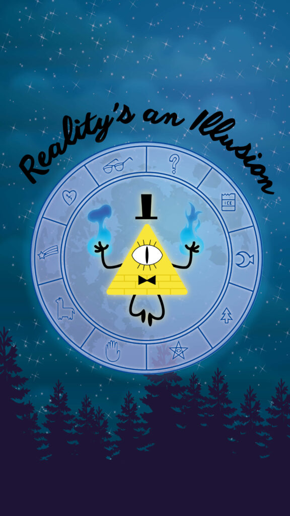 Mystical Bill Cipher Wallpaper: Cosmic Blue Background & Forest Elements