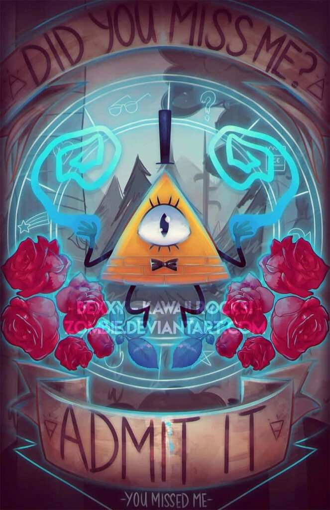 Gravity Falls wallpaper with Bill Cipher glowing symbols red roses and mysterious forest background