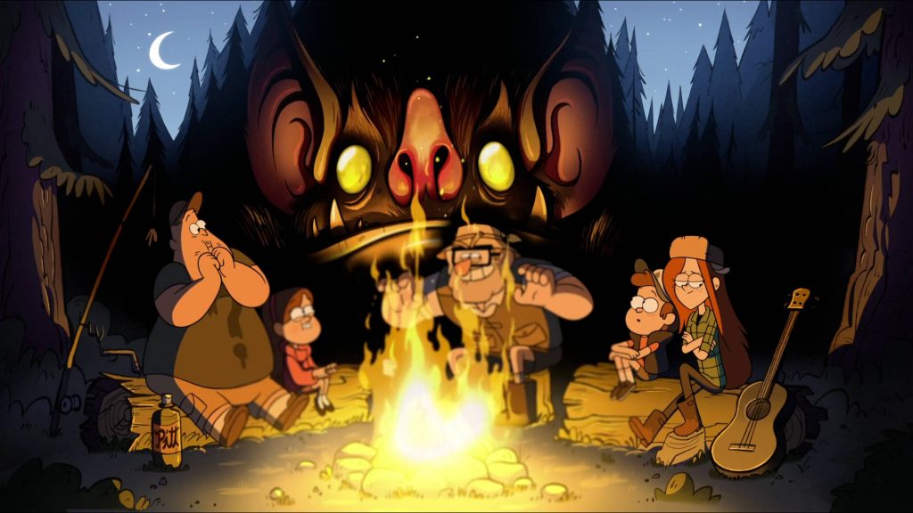Gravity Falls campfire scene with Grunkle Stan Dipper Mabel Soos Wendy giant forest creature wallpaper